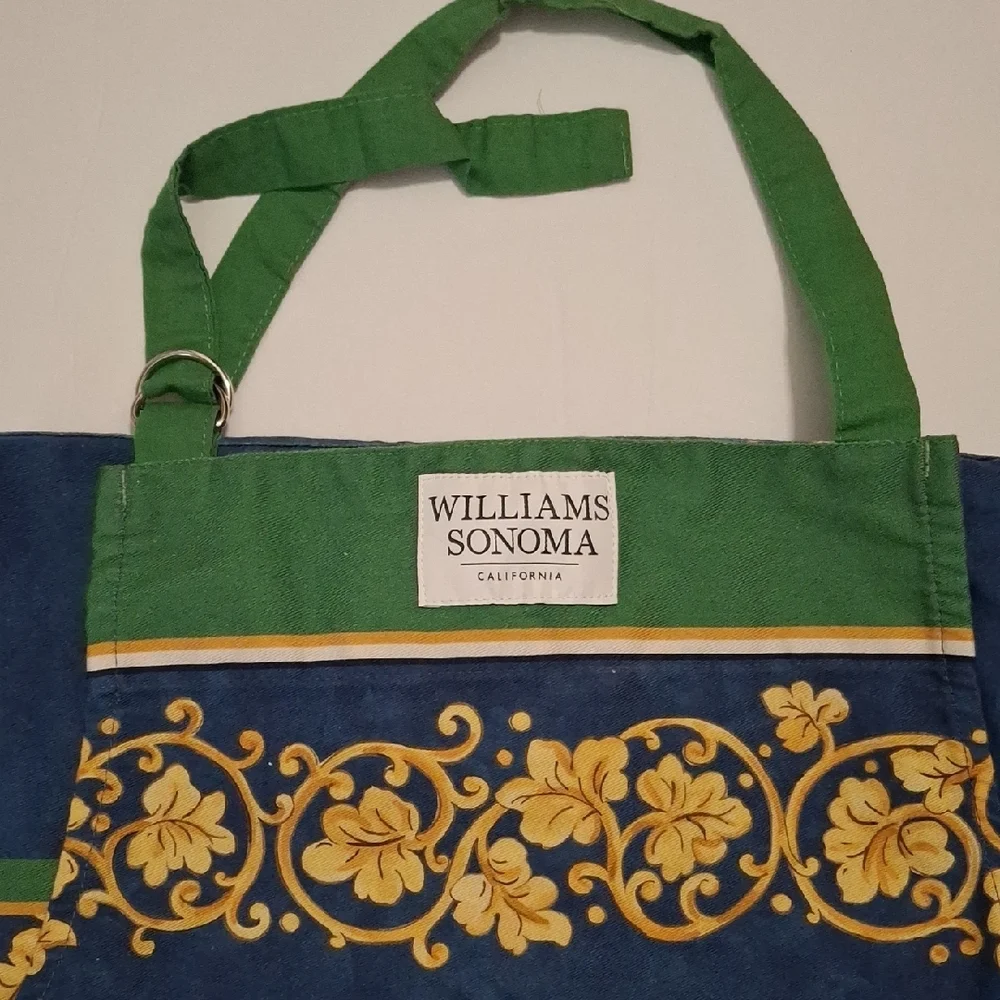 Williams Sonoma Navy, Green, and Yellow Floral Scroll APRON